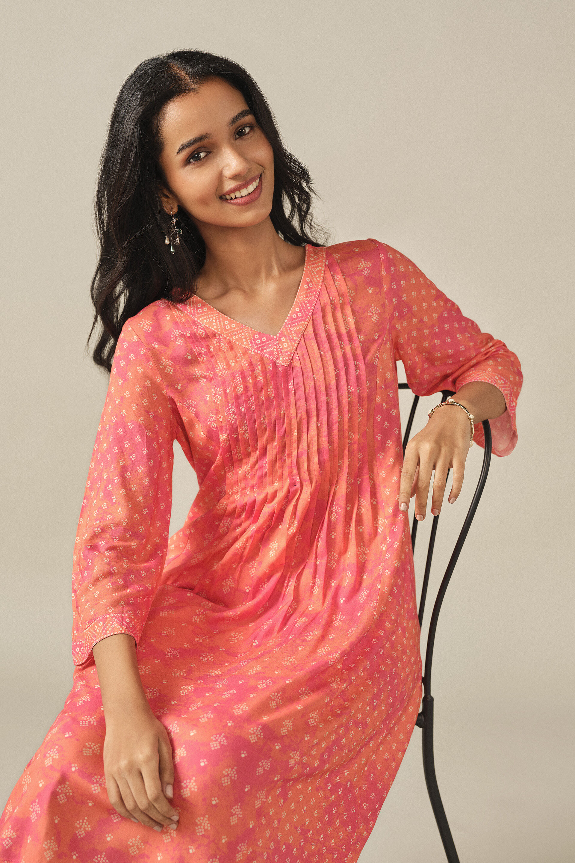 Printed A-line Kurta in Orange, Orange, image 2